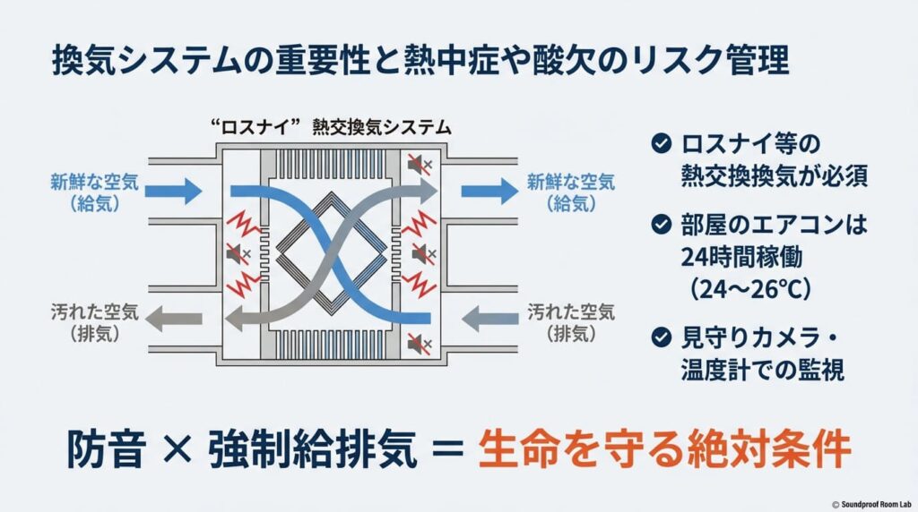 換気システムの重要性と熱中症や酸欠のリスク管理の図解