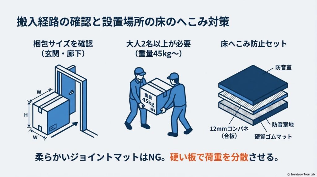 搬入経路の確認と設置場所の床のへこみ対策