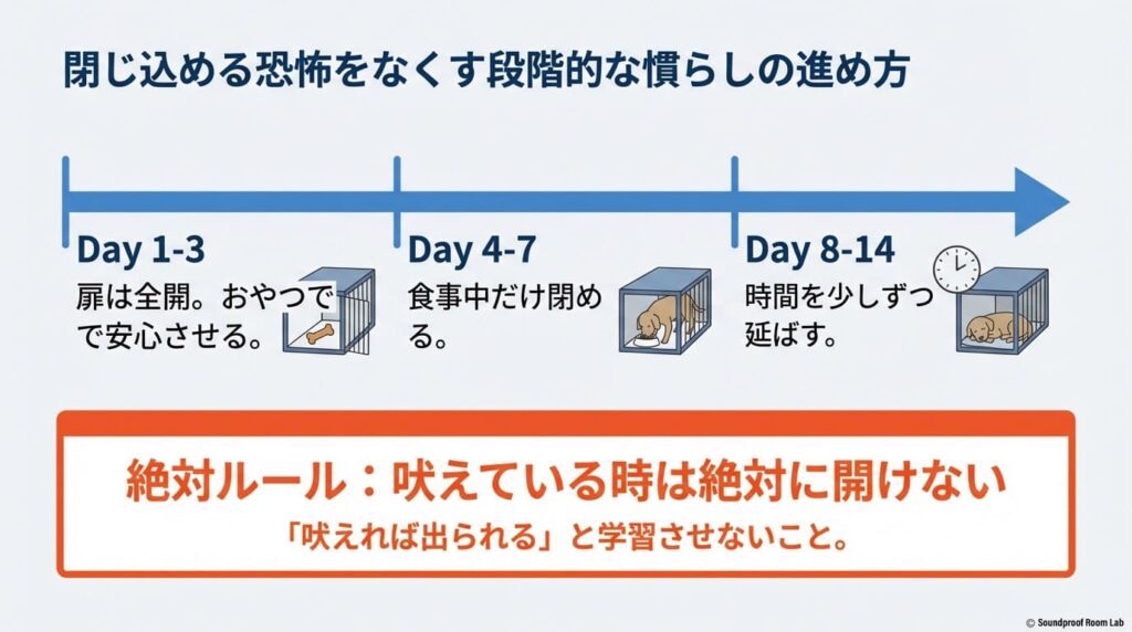 閉じ込める恐怖をなくす段階的な慣らしの進め方
