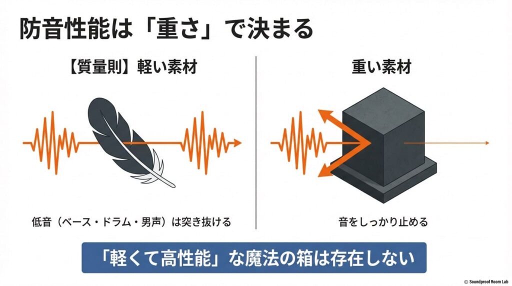 音の遮音性能が重さ(質量則)で決まることを示すイラスト。重い素材は音をしっかり止め、軽い素材は低音(ベース・ドラム等)が突き抜けやすいことを解説。