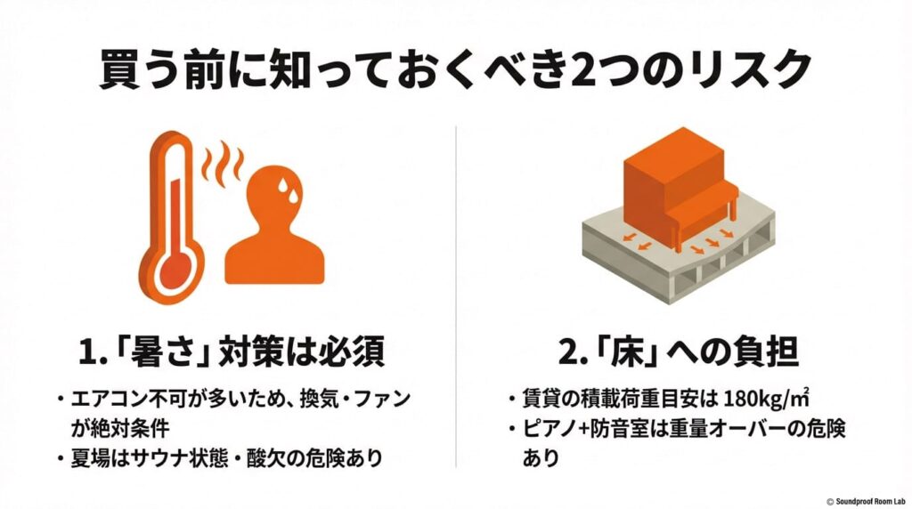 換気不足による暑さのリスクと、賃貸の積載荷重制限(180kg/m2)による床への負担の図解