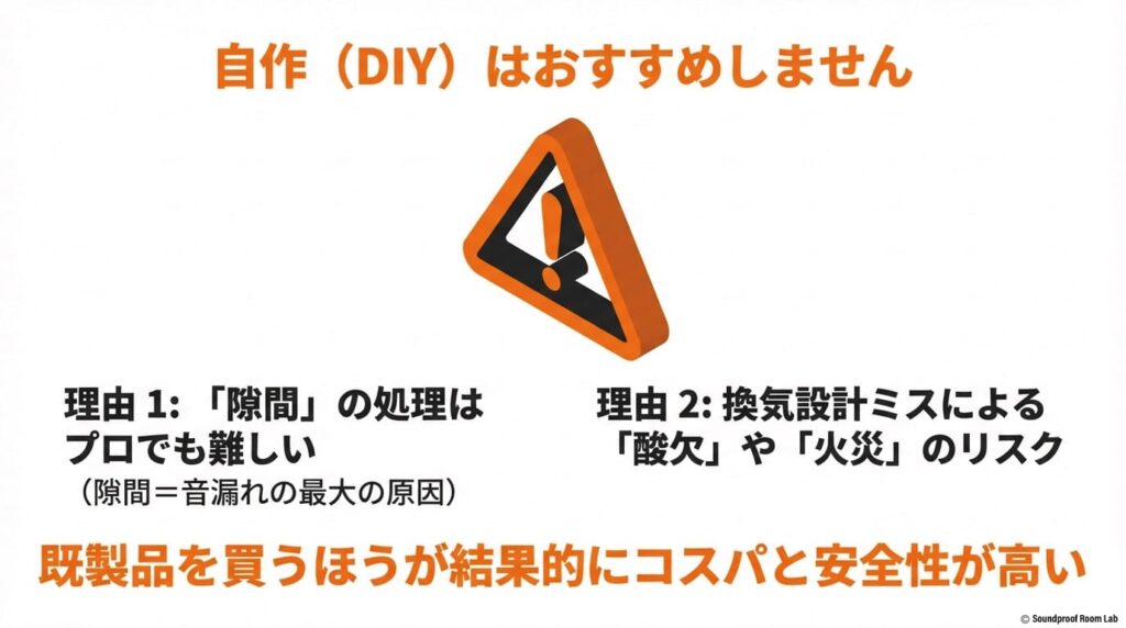 自作では音漏れの原因となる隙間の処理が難しく、酸欠や火災のリスクを伴うことの警告図