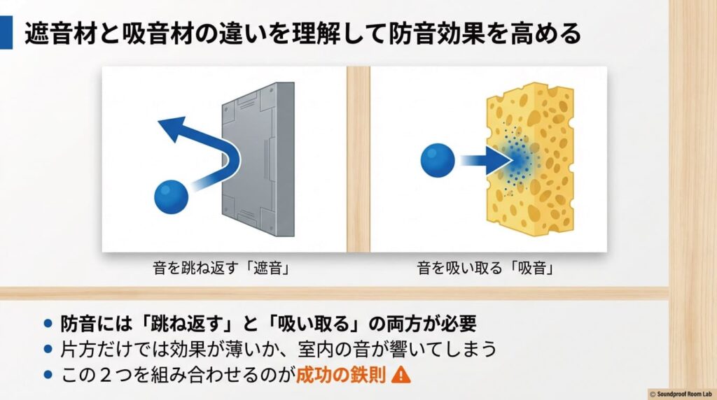 遮音材と吸音材の違いを理解して防音効果を高める:要約図解