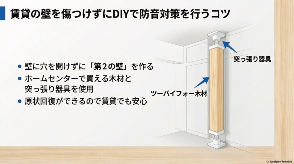 賃貸の壁を傷つけずにDIYで防音対策を行うコツ:要約図解