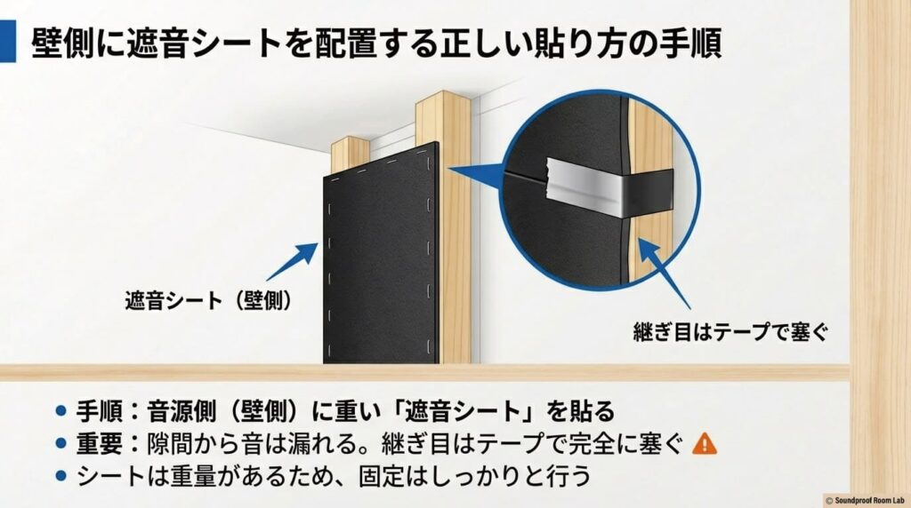壁側に遮音シートを配置する正しい貼り方の手順:要約図解