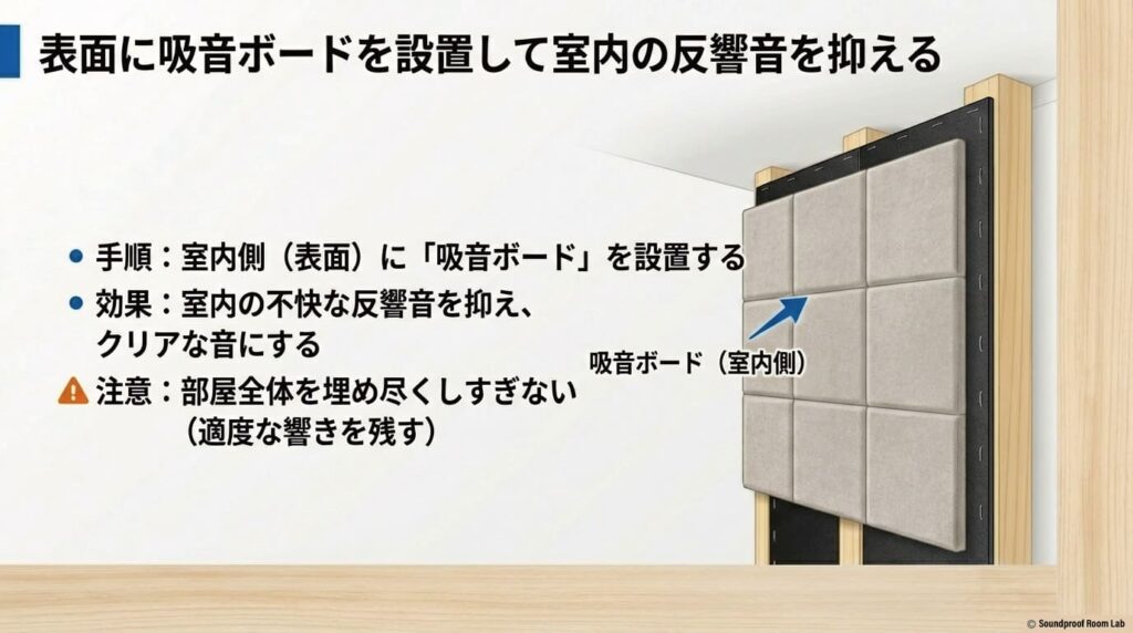表面に吸音ボードを設置して室内の反響音を抑える:要約図解