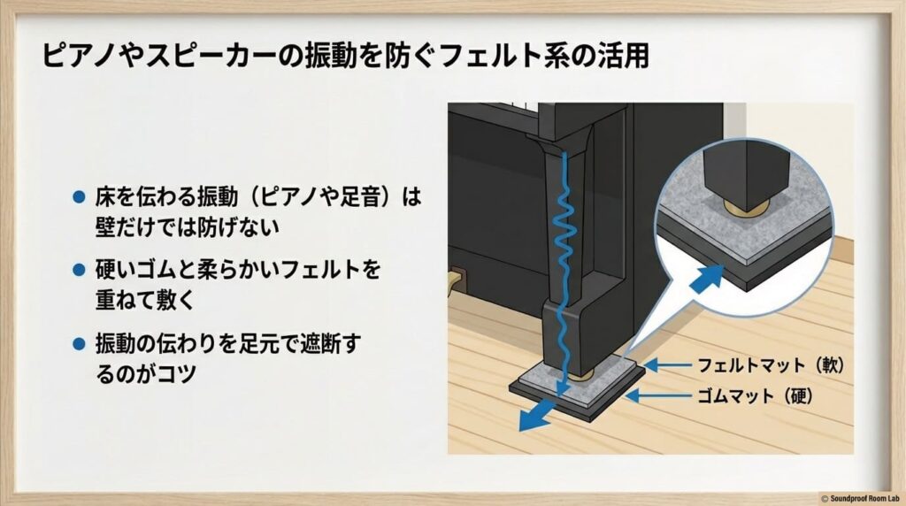 ピアノやスピーカーの振動を防ぐフェルト系の活用:要約図解