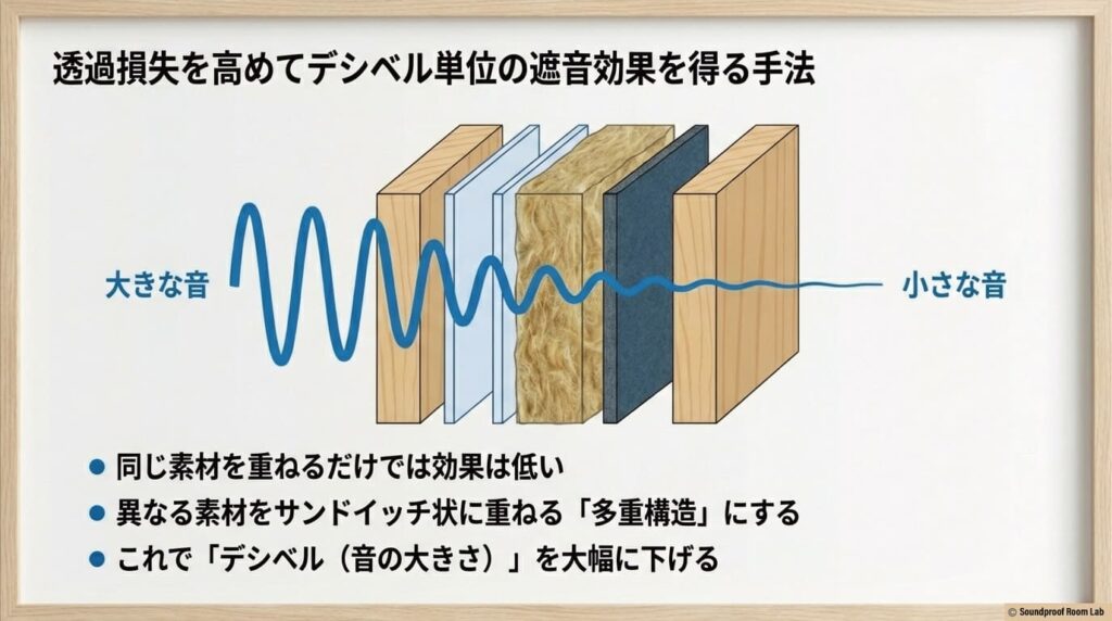 透過損失を高めてデシベル単位の遮音効果を得る手法:要約図解