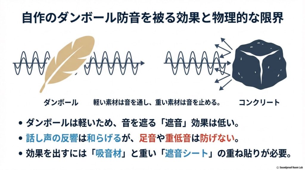 自作のダンボール防音を被る効果と物理的な限界：要約図解