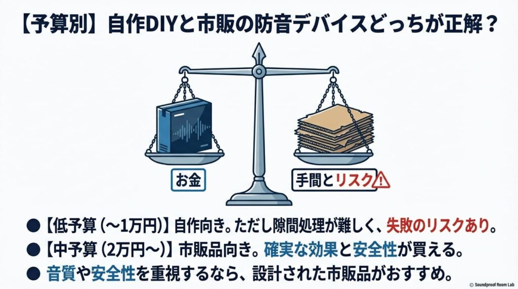 【予算別】自作DIYと市販の防音デバイスどっちが正解？：要約図解