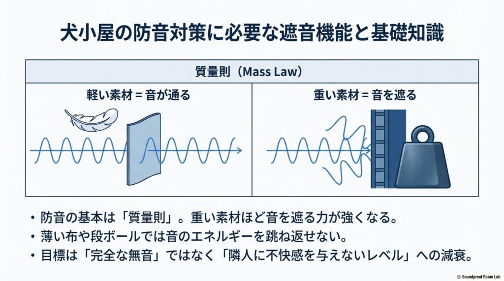 犬小屋の防音対策に必要な遮音機能と基礎知識の図解
