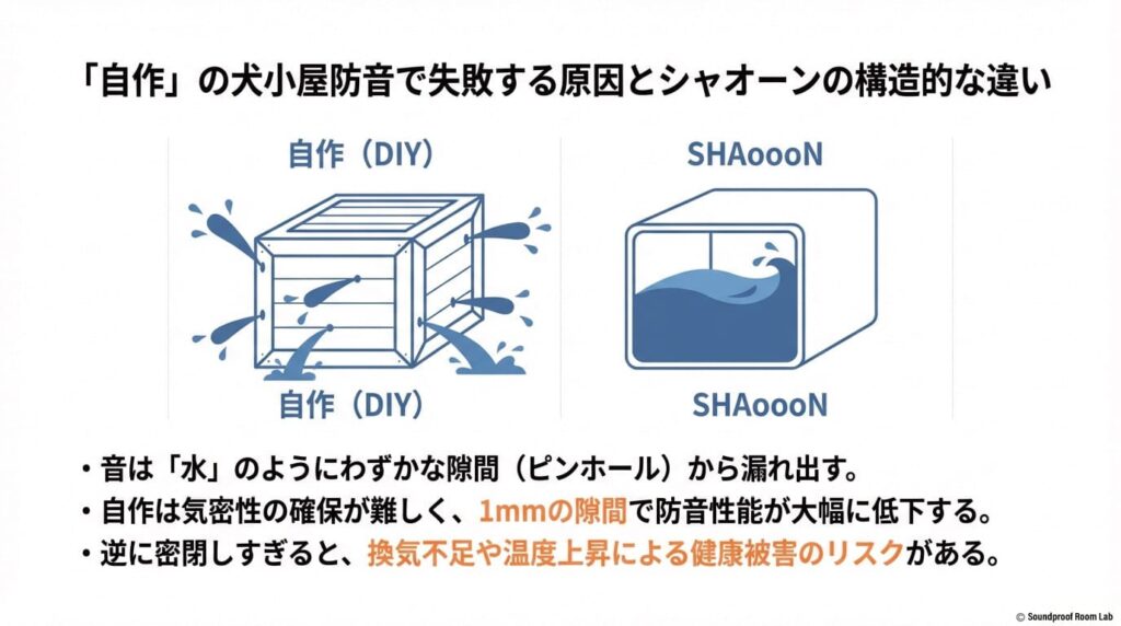 「自作」の犬小屋防音で失敗する原因とシャオーンの構造的な違いの図解