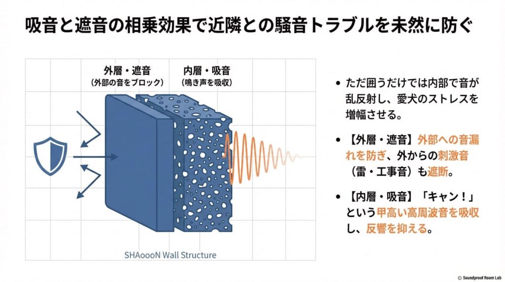 吸音と遮音の相乗効果で近隣との騒音トラブルを未然に防ぐの図解