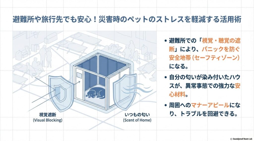 避難所や旅行先でも安心!災害時のペットのストレスを軽減する活用術の図解