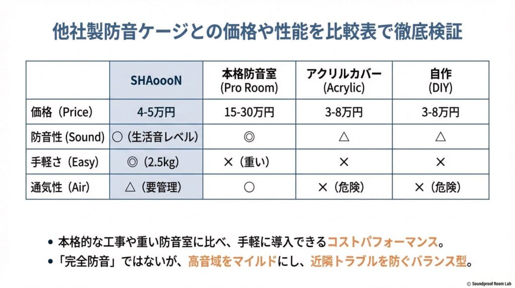 他社製防音ケージとの価格や性能を比較表で徹底検証の図解