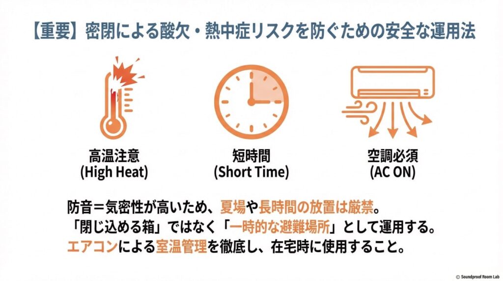 【重要】密閉による酸欠・熱中症リスクを防ぐための安全な運用法の図解