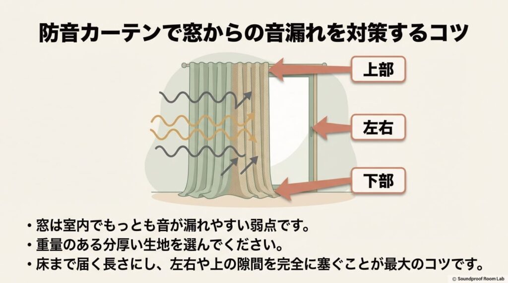 防音カーテンで窓からの音漏れを対策するコツ:要約図解