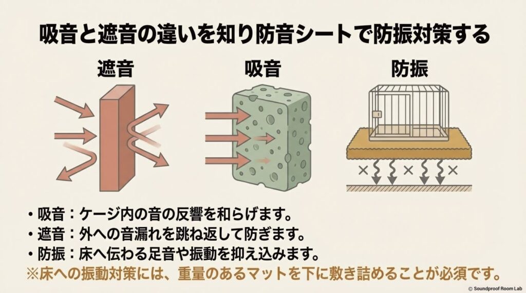 吸音と遮音の違いを知り防音シートで防振対策する:要約図解