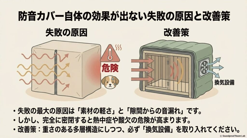 「防音カバー自体の効果が出ない」失敗の原因と改善策:要約図解