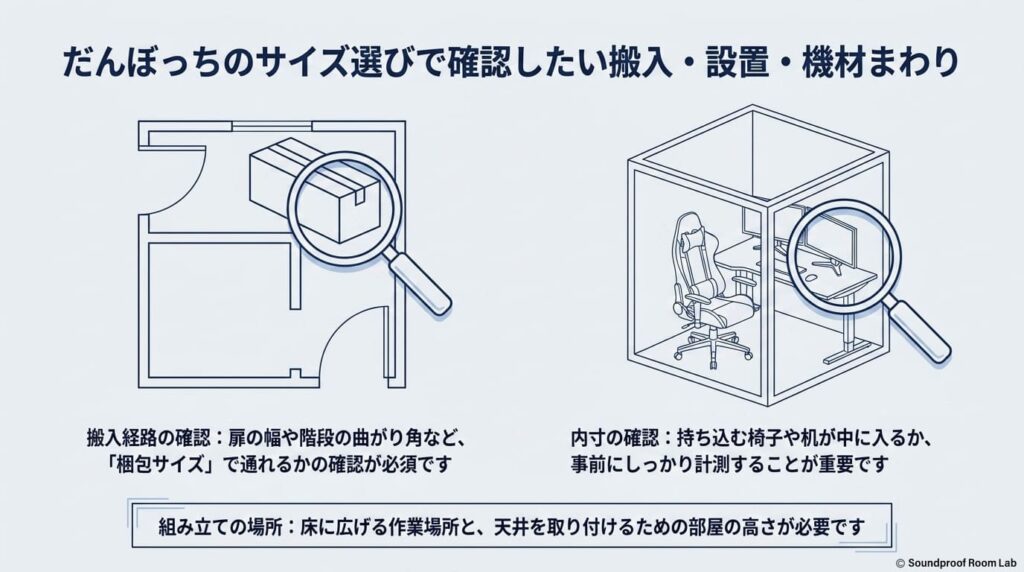だんぼっちのサイズ選びで確認したい搬入・設置・機材まわり：要約図解
