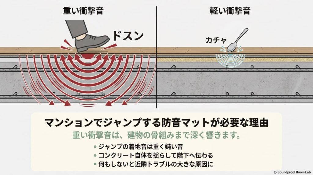 マンションでジャンプする防音マットが必要な理由：図解要約