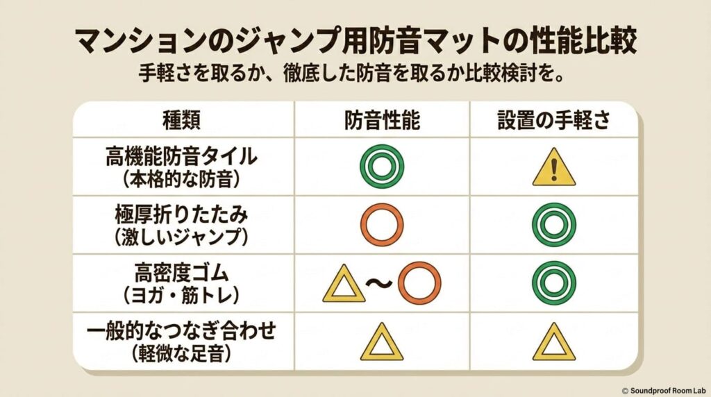 マンションのジャンプ用防音マットの性能比較：図解要約