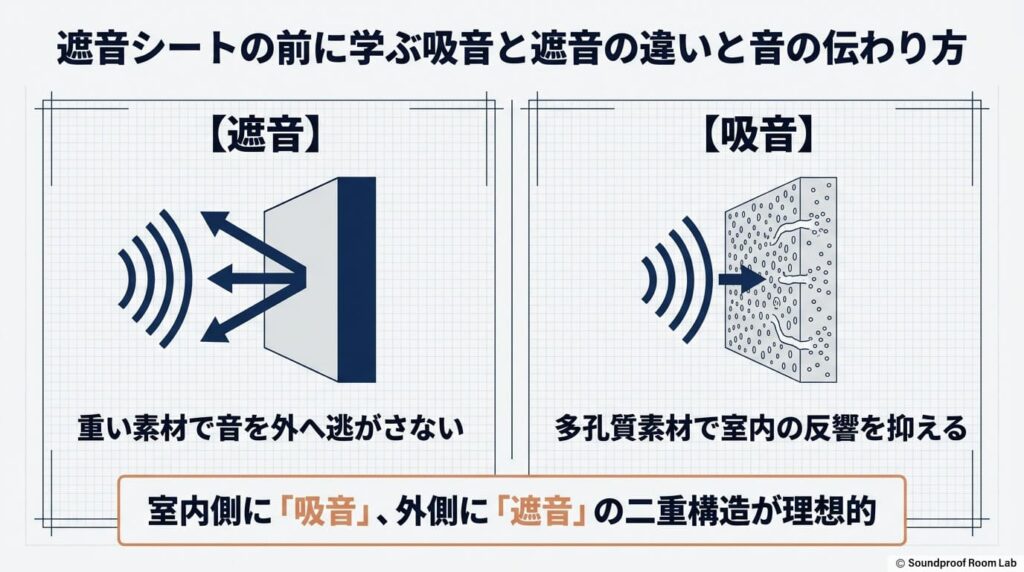 遮音シートの前に学ぶ吸音と遮音の違いと音の伝わり方：図解要約