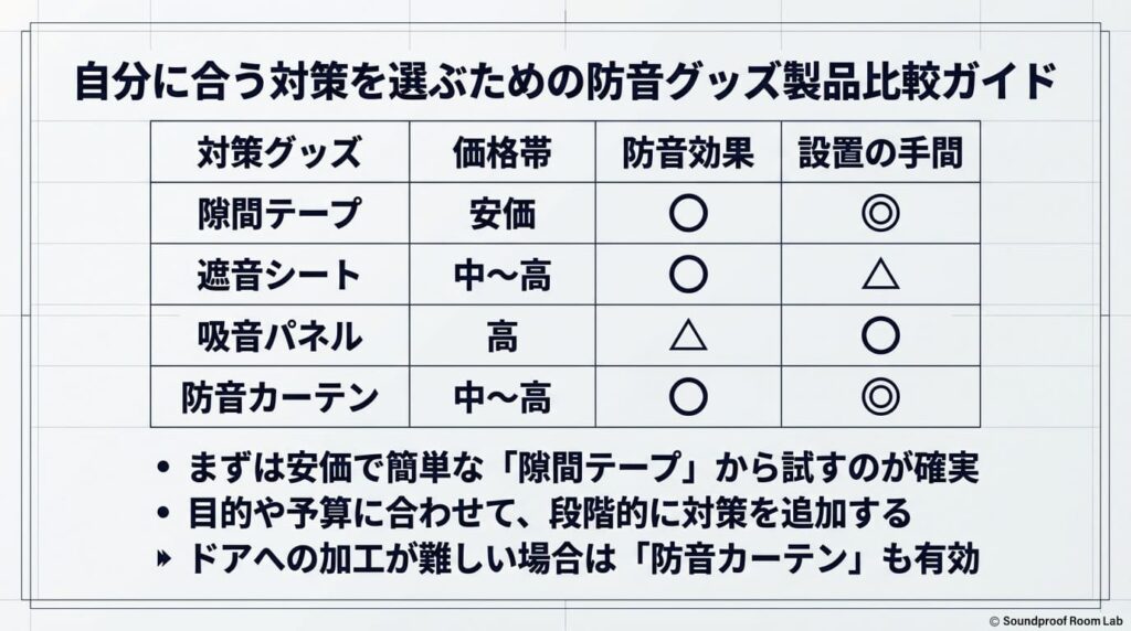 自分に合う対策を選ぶための防音グッズ製品比較ガイド：図解要約