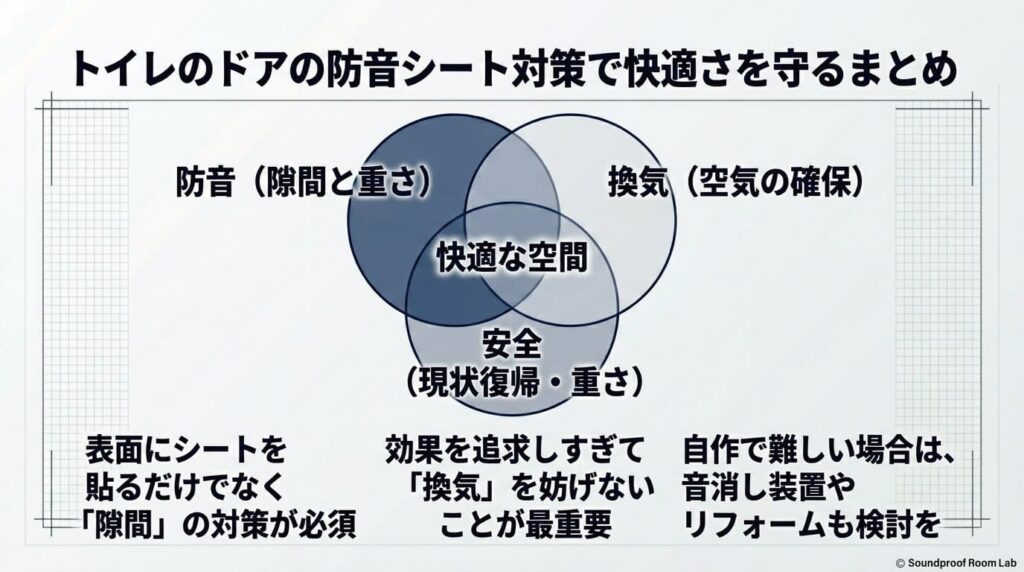 トイレのドアの防音シート対策で快適さを守るまとめ：図解要約