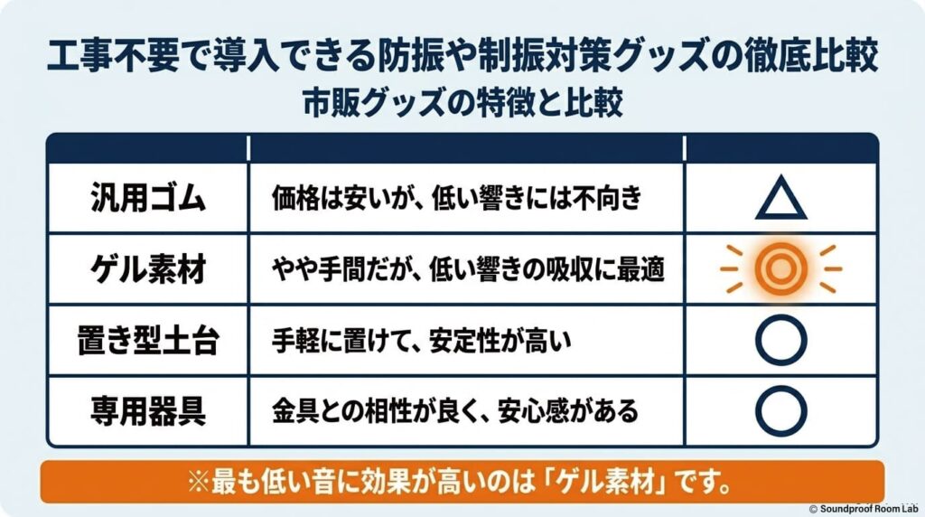工事不要で導入できる防振や制振対策グッズの徹底比較：要約図解
