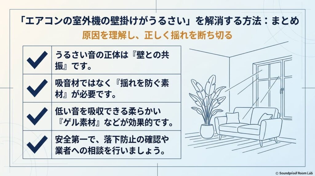 「エアコンの室外機の壁掛けがうるさい」を解消する方法：まとめ：要約図解