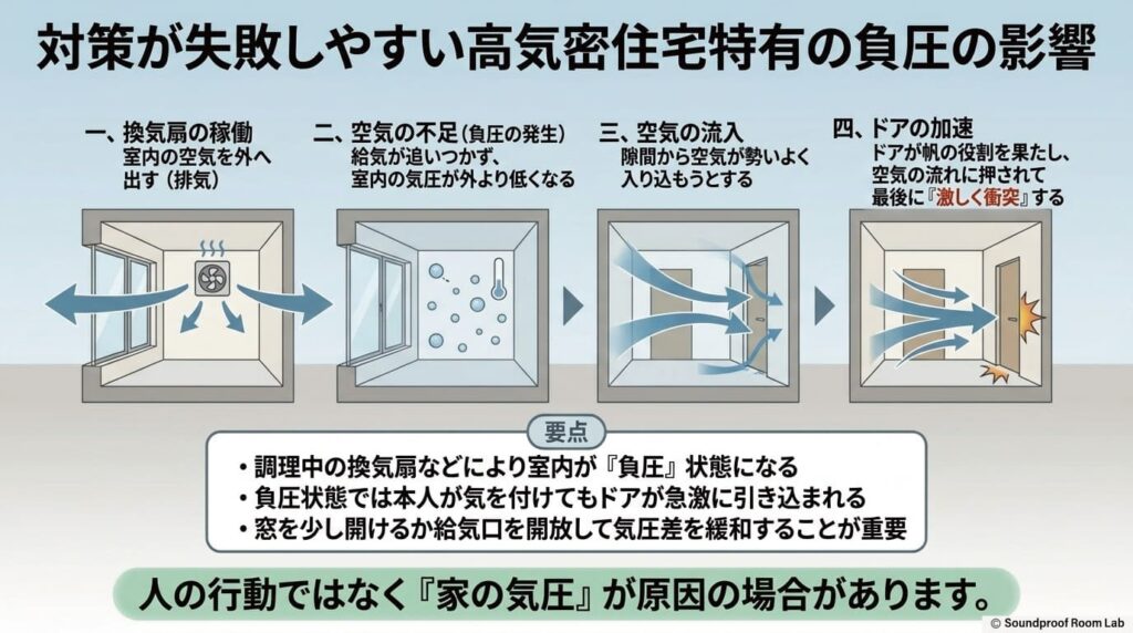 対策が失敗しやすい高気密住宅特有の負圧の影響：要約図解