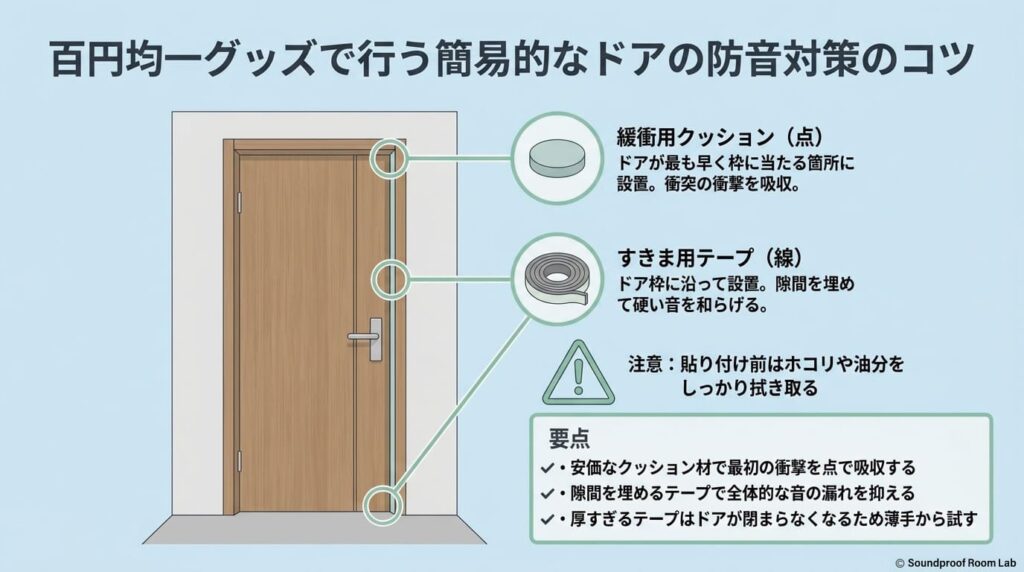 100均グッズで行う簡易的なドアの防音対策のコツ：要約図解