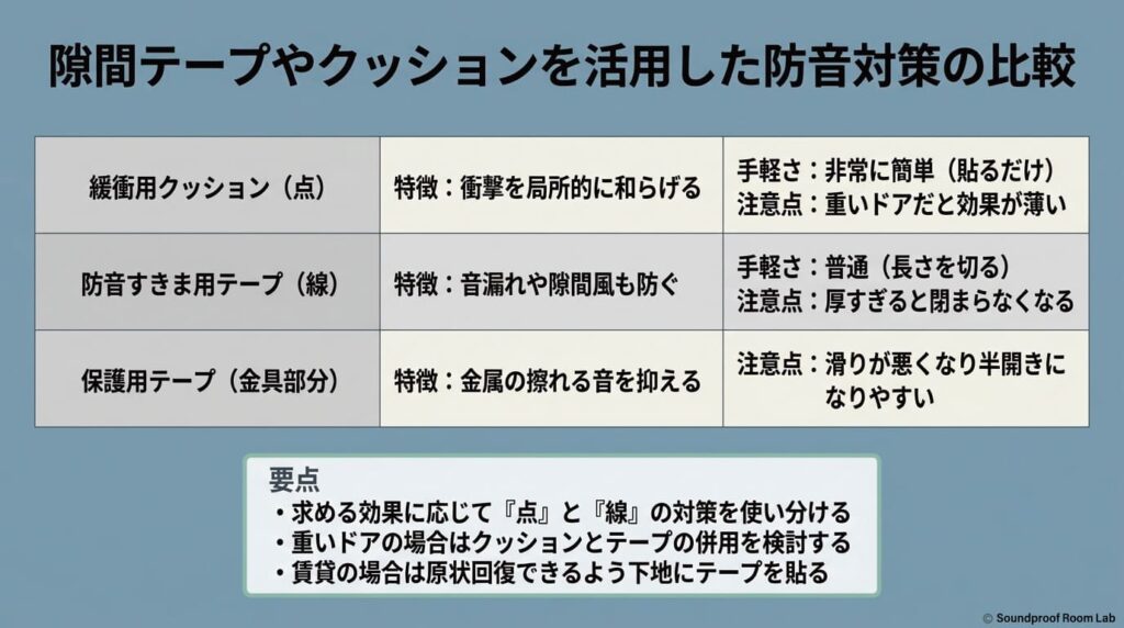 隙間テープやクッションを活用した防音対策の比較：要約図解