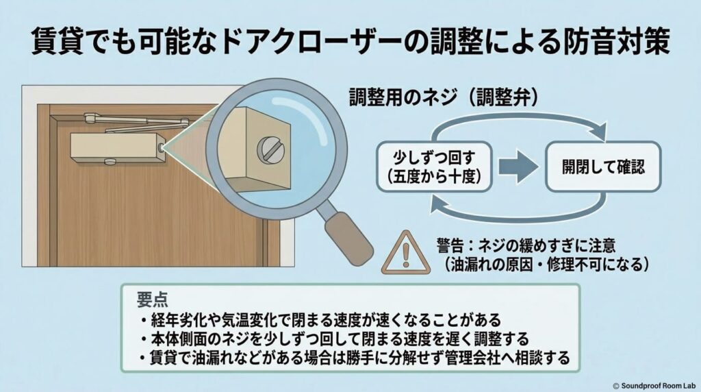 賃貸でも可能なドアクローザーの調整による防音対策：要約図解