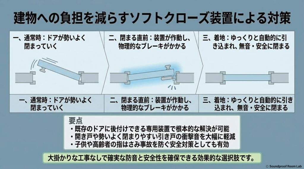 建物への負担を減らすソフトクローズ装置による対策：要約図解
