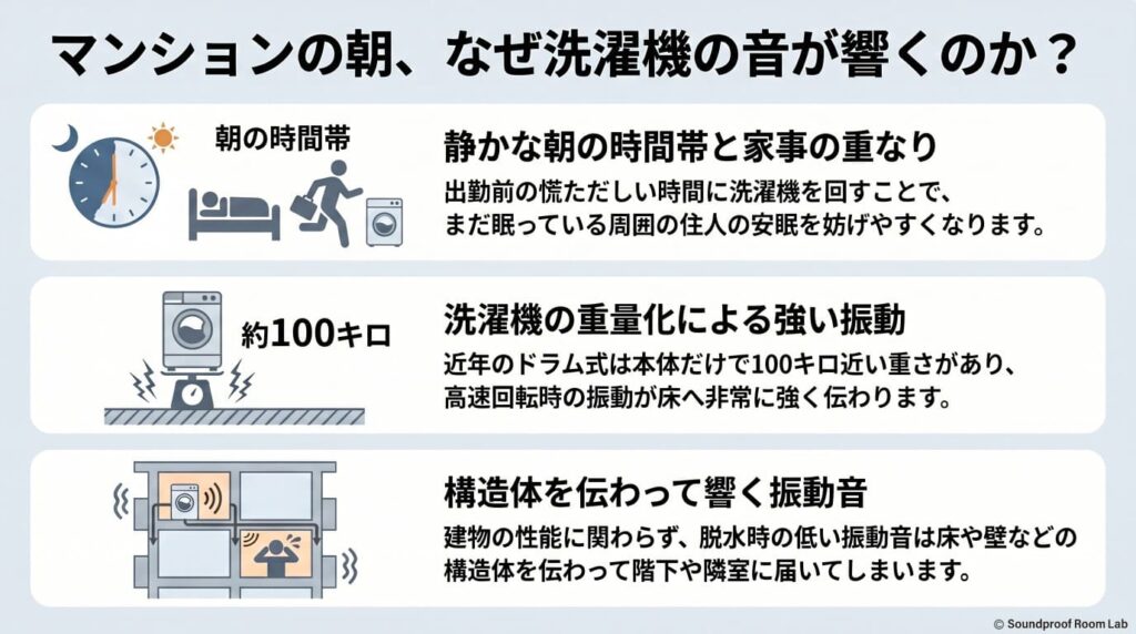 マンションで朝に洗濯機の音が響く原因：要約図解