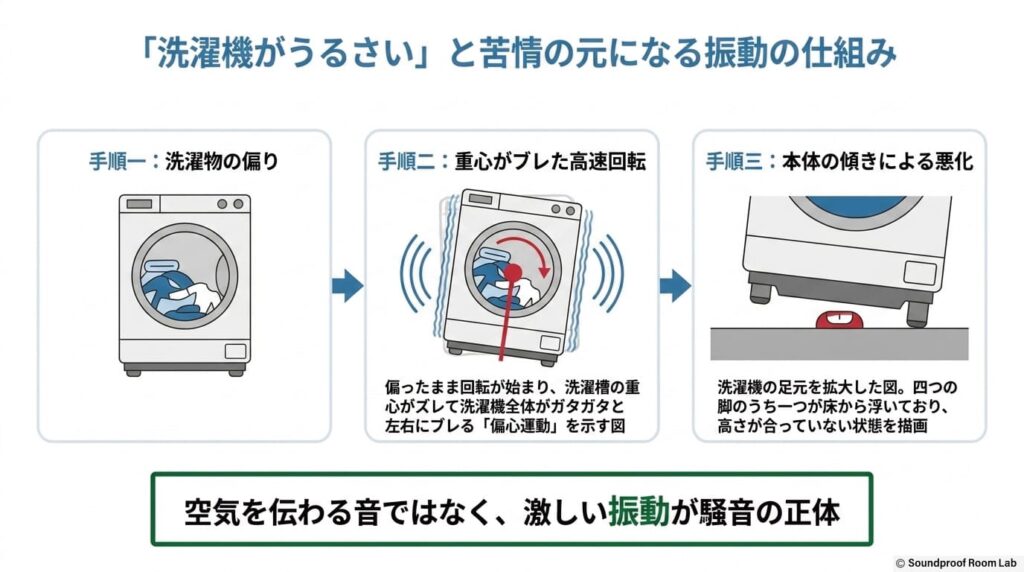 「洗濯機がうるさい」と苦情の元になる振動の仕組み：要約図解