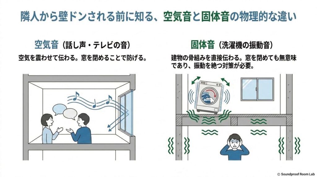 隣人から壁ドンされる前に知る、空気音と固体音の物理的な違い：要約図解