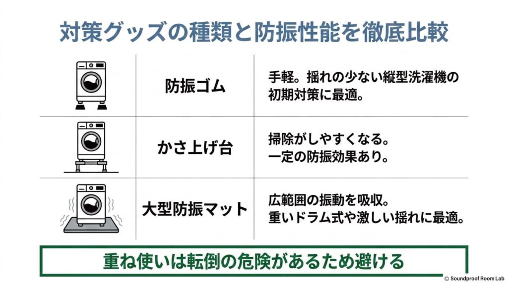 対策グッズの種類と防振性能を徹底比較：要約図解