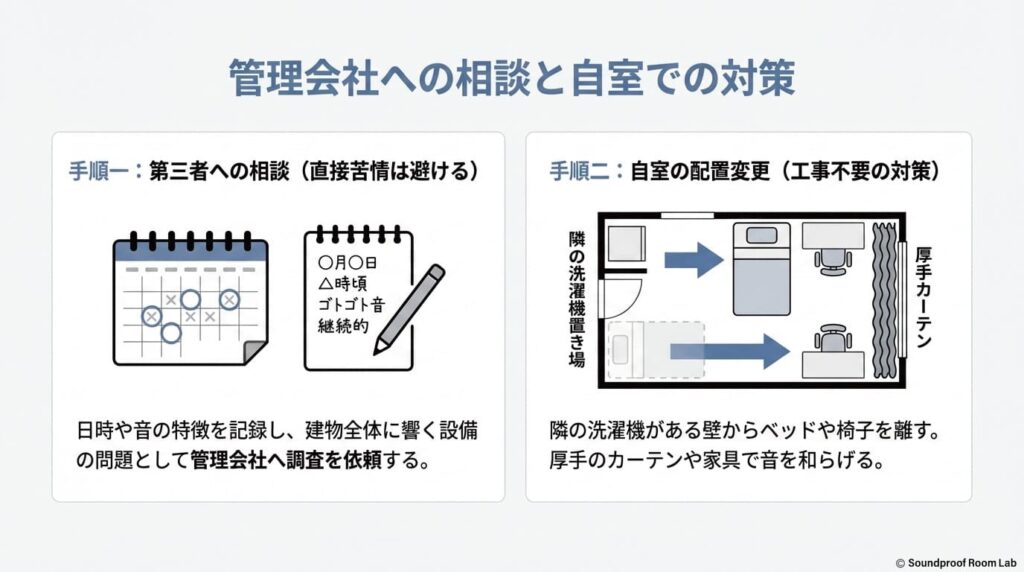 管理会社への確認と工事不要でできる防音対策；要約図解