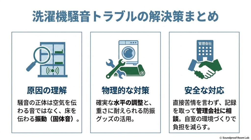 隣人の洗濯機がうるさいトラブルの解決策まとめ：要約図解