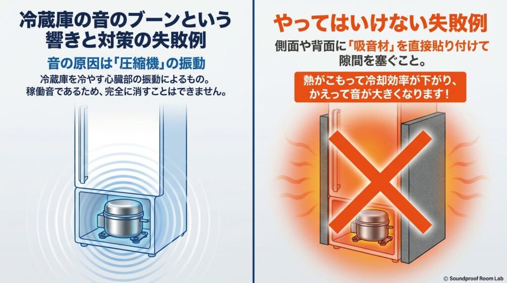 冷蔵庫の音のブーンという響きと対策の失敗例：要約図解