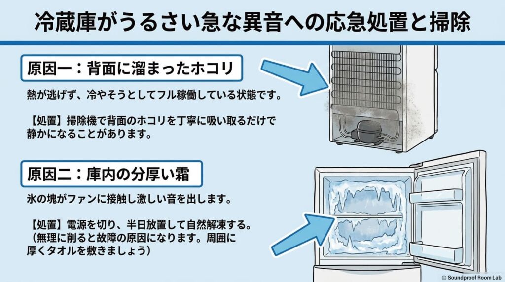 冷蔵庫がうるさい急な異音への応急処置と掃除：要約図解