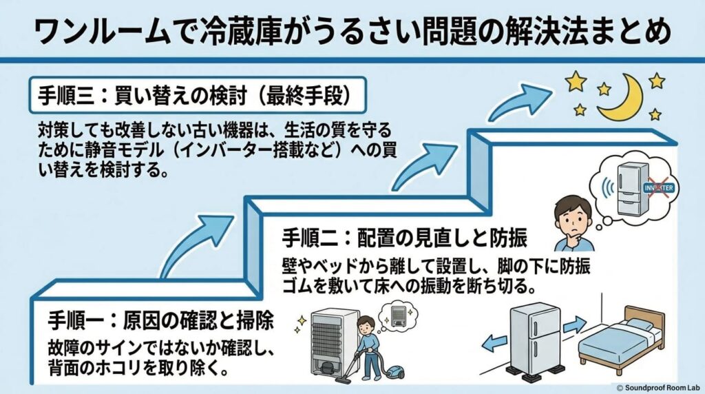 ワンルームで冷蔵庫がうるさい問題の解決法まとめ：要約図解
