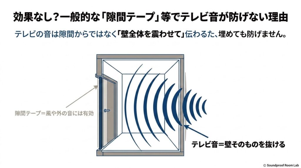 効果なし？一般的な「隙間テープ」等でテレビ音が防げない理由：要約図解