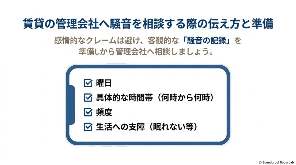 賃貸の管理会社へ騒音を相談する際の伝え方と準備：要約図解