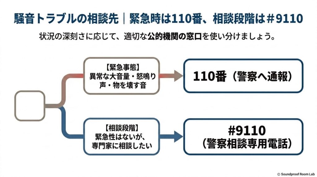 騒音トラブルの相談先｜緊急時は110番、相談段階は#9110：要約図解