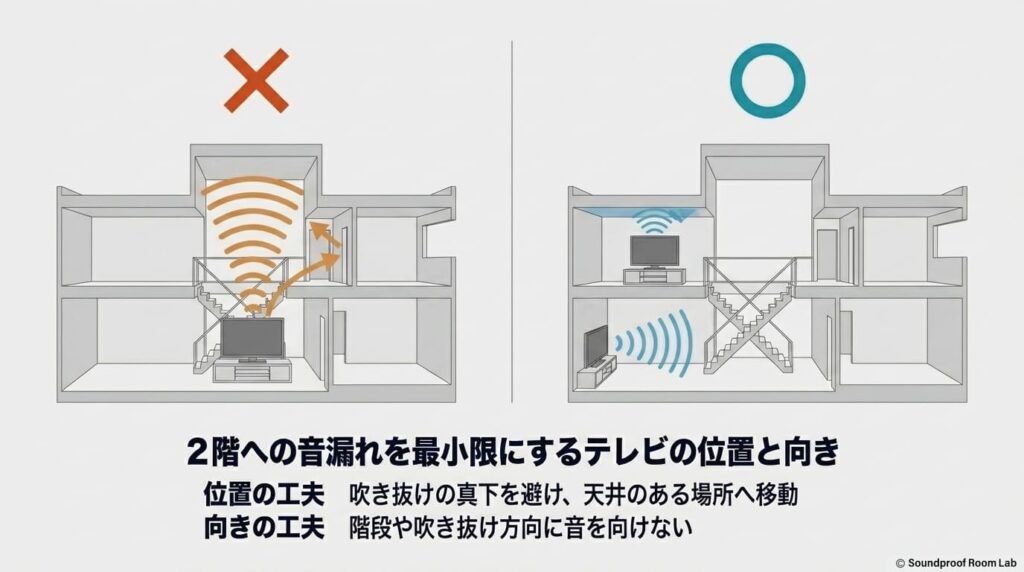 2階への音漏れを最小限にするテレビの位置と向き：要約図解