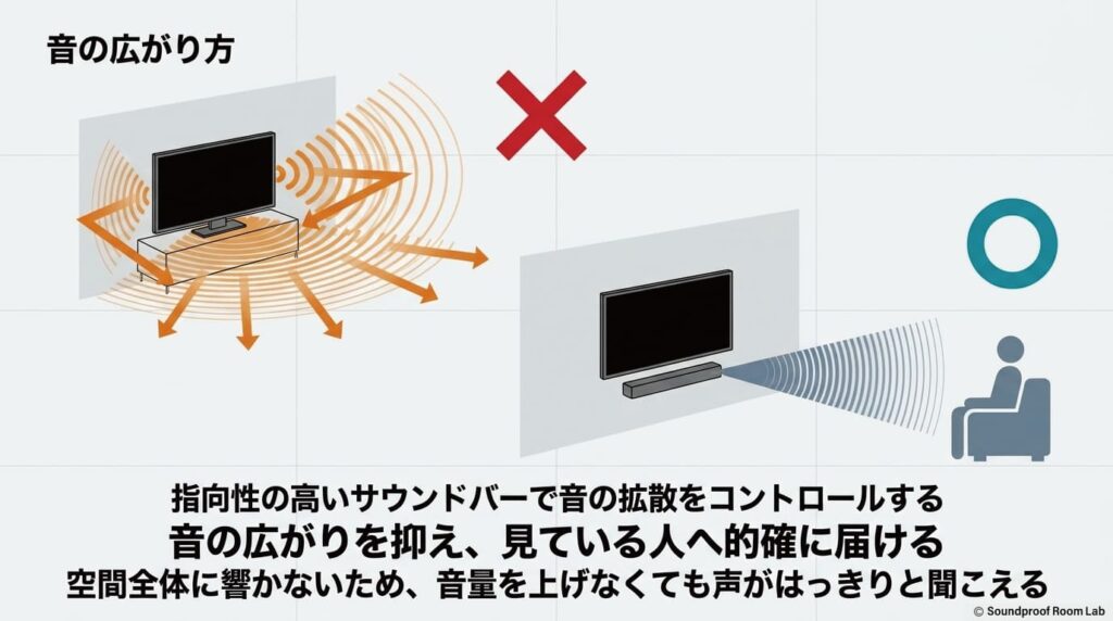 指向性の高いサウンドバーで音の拡散をコントロールする：要約図解